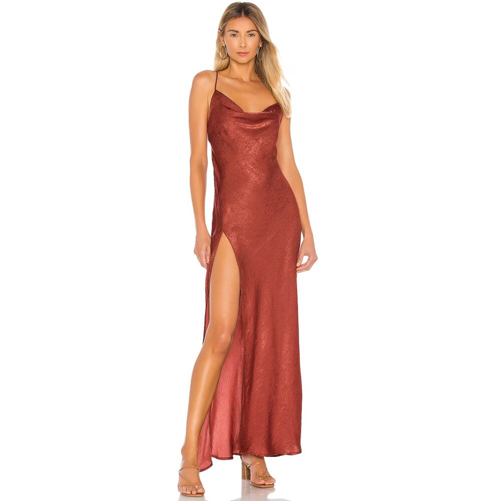 Resa Paris Marsala Satin River Midi Slit Slip Dress Size XS